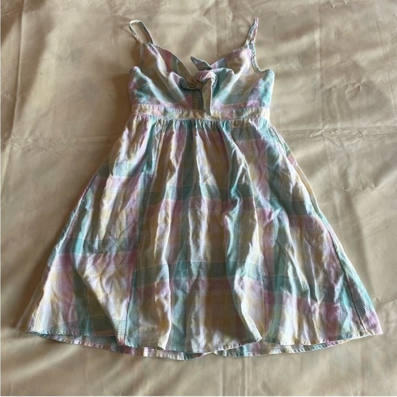 NEW! Old Navy- Yellow Blue Pink Plaid Spaghetti Strap Self Tie Mini Dress NWT - Picture 4 of 11